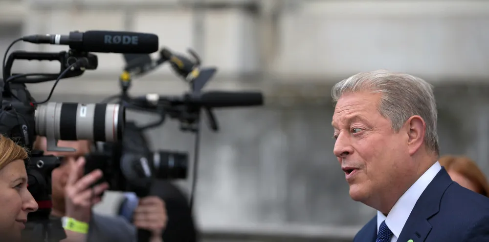 Former US Vice President, Al Gore during an interview for the UK premiere of "An Inconvenient Sequel" in London.