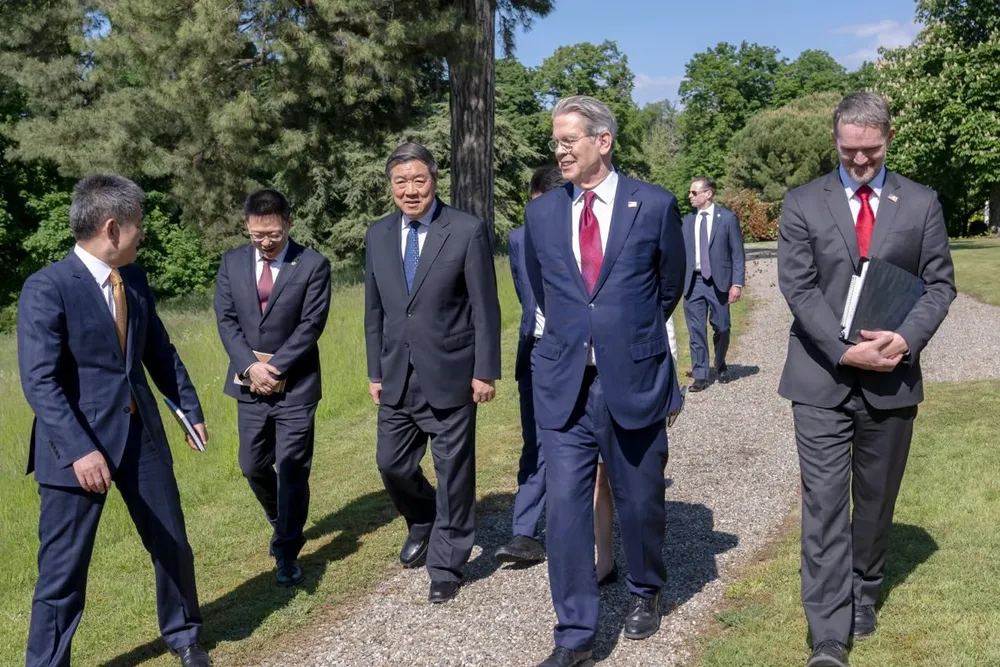 US Treasury secretary Scott Bessent (second from right) and trade representative Jamieson Greer (right) meet with Chinese counterparts in Switzerland.