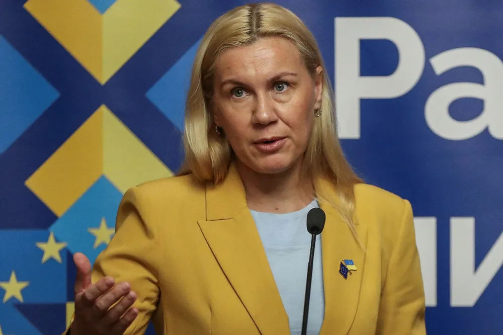 European Energy Commissioner Kadri Simson speaking in Kyiv in May 2024.
