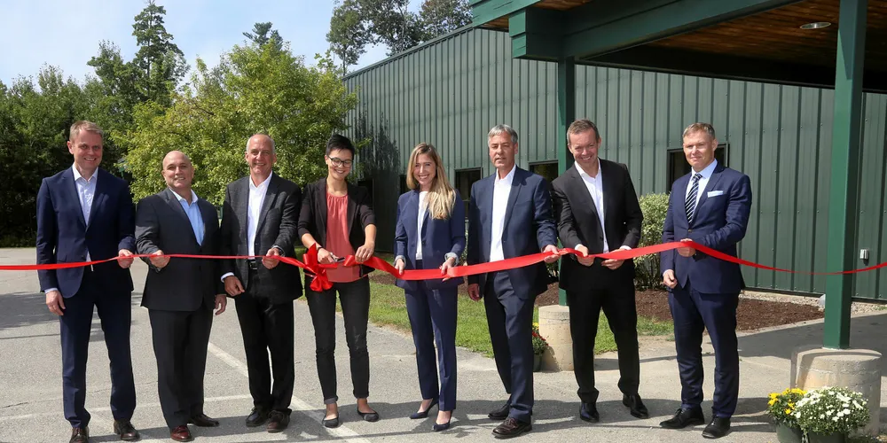 Ducktrap execs open its new facility in Maine. Left to right, Ola Brattvol, COO sales and marketing at Marine Harvest, Joe Fidalgo, managing director for Marine Harvest USA Consumer Products, Jim Freiss, corporate engineer Americas at Marine Harvest, Samantha Paradis, City of Belfast Mayor, Erin Herbig Majority Leader, Maine House of Representatives, Don Cynewski, director at Ducktrap River of Maine, Alf-Helge Aarskog, CEO of Marine Harvest, and Ivan Vindham, CFO of Marine Harvest.