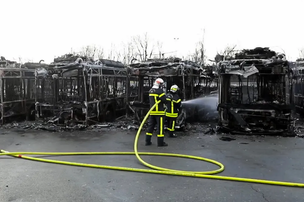 The charred remains of hydrogen buses after the fire in the Danjoutin area of Belfort on 2 January.