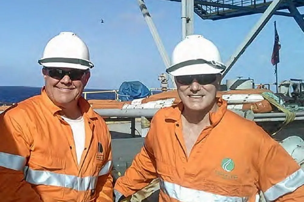 On location: Jadestone Energy chief executive Paul Blakeley (left) and Owen Hobbs at the Montara oilfield offshore Australia.