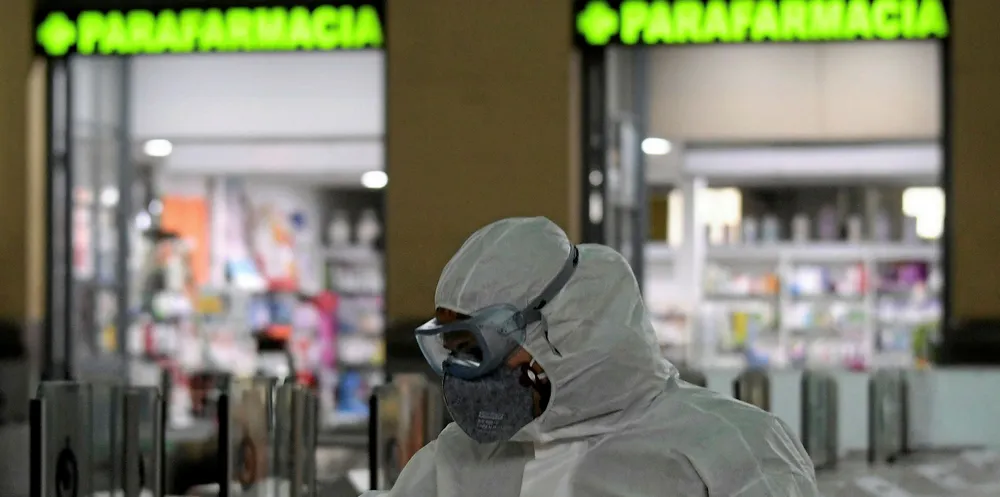 Military Emergencies Unit (UME) members carry out a general disinfection at the North train station in Valencia, Spain on March 16, 2020.