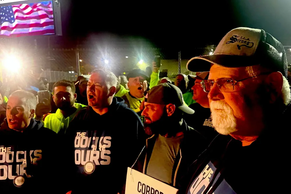 ILA President Harold Daggett (right) on the picket line on the first day of the Oct. 1 port strike.