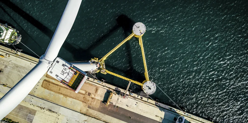 One of the trio of WindFloat floating wind turbines now installed at the WindFloat Atlantic off Portugal