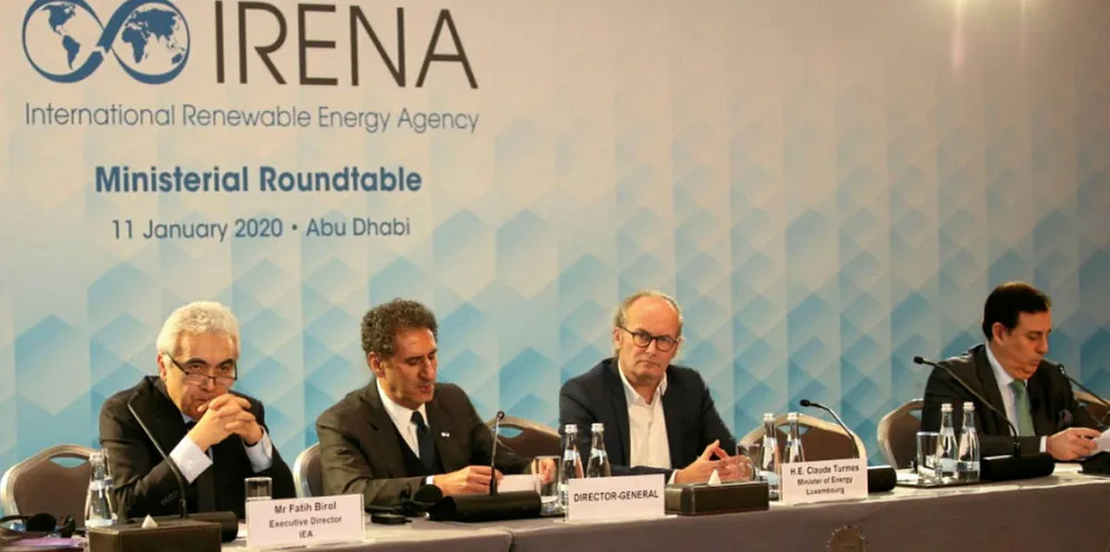 IEA executive director Fatih Birol (left) and Irena director-general Francesco La Camera (second left) at the Irena Assembly ministerial roundtable.