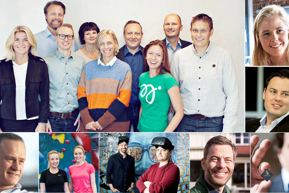 Dette er noen de mange selskapene som vil delta i Årets gründere. Fra venstre øverst: Monner-teamet, Sigrun Syversen i Fjong, Sindre Haaland i Dogu, (nede fra venstre) Henrik Müller-Hansen i Gelato, Line Standal Sørnes og Siw-Cathrine Braa i Combine, Aleksander Nyquist Langmyhr og Christer-Andre Fagerslett i Dimension10, CTO, Andreas Thorsheim i Otovo og Erik Fossum Færevaag i Disruptive Technologies.