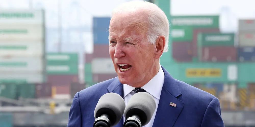 Joe Biden delivers his remarks on board the Battleship USS Iowa Museum at the Port of Los Angeles.