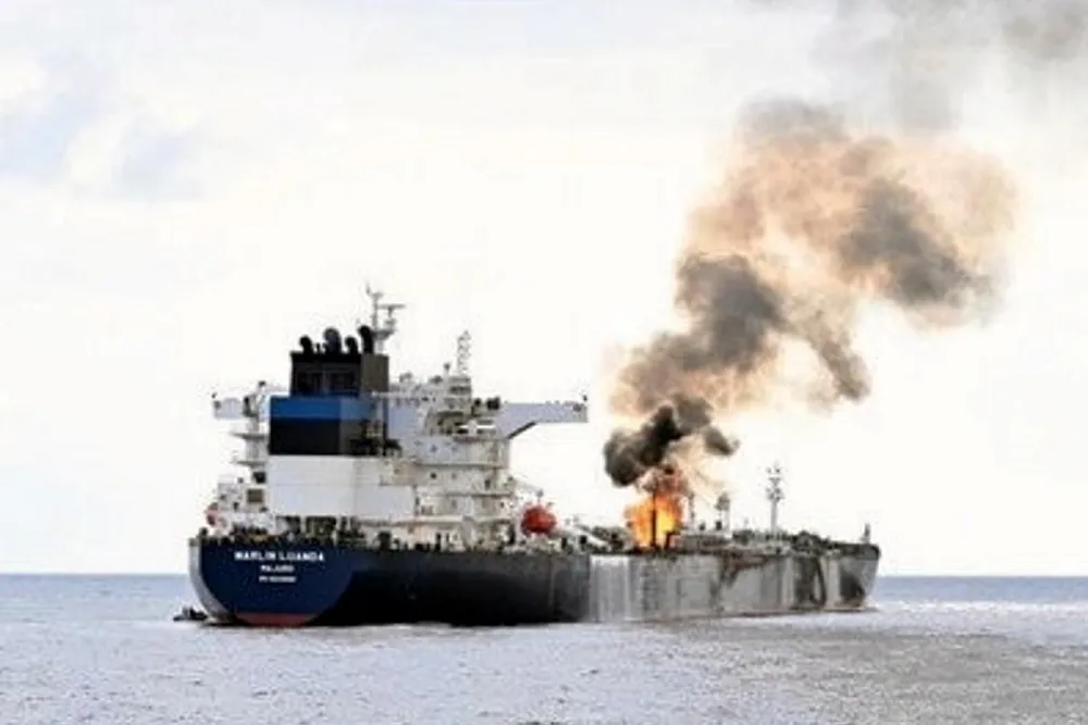 Fire onboard the Malin Luanda after a Houthi missile strike.