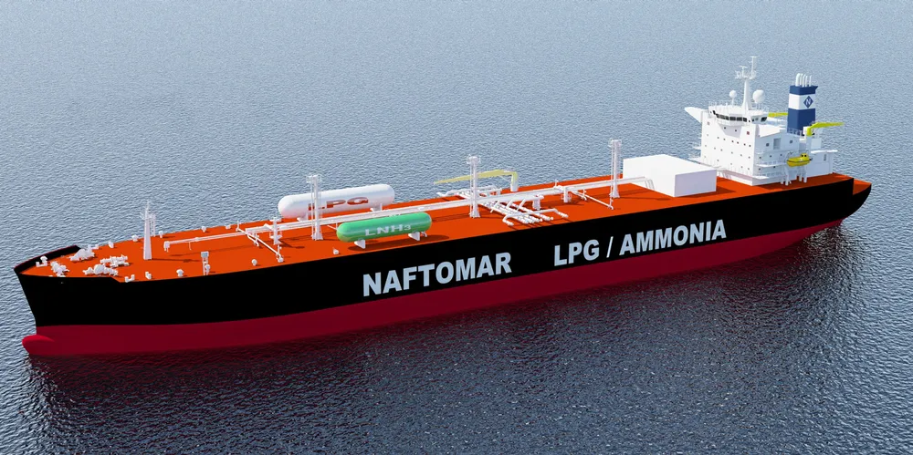 An impression of Naftomar's on-order VLACs show bunker tanks for both LPG and ammonia.