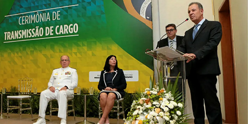 Brazil's new energy minister Bento Albuquerque, speaking at lectern.