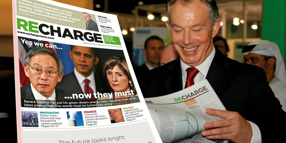 The first issue of Recharge, and former UK prime minister Tony Blair with a copy of that inaugural edition at the World Future Energy Summit in Abu Dhabi in January 2009.