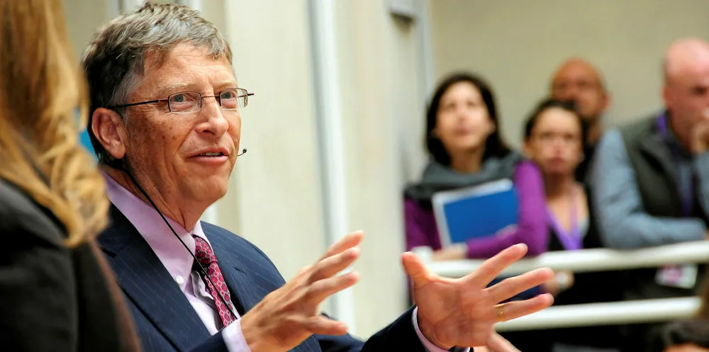 Bill Gates speaking to staff at the UK's Department for International Development, London.
