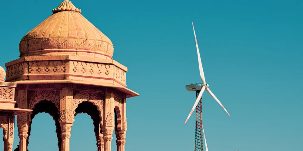 Bada Bagh temple with old-model wind turbine in Jaisalmer, India