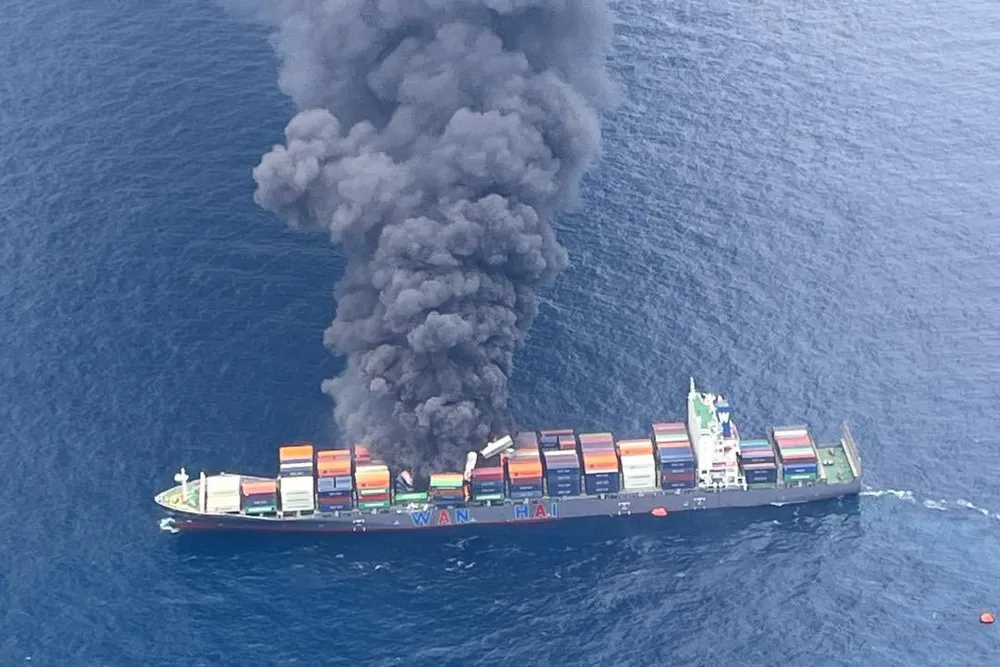 The burning Wan Hai 503 was spotted by an Indian Coast Guard aircraft.