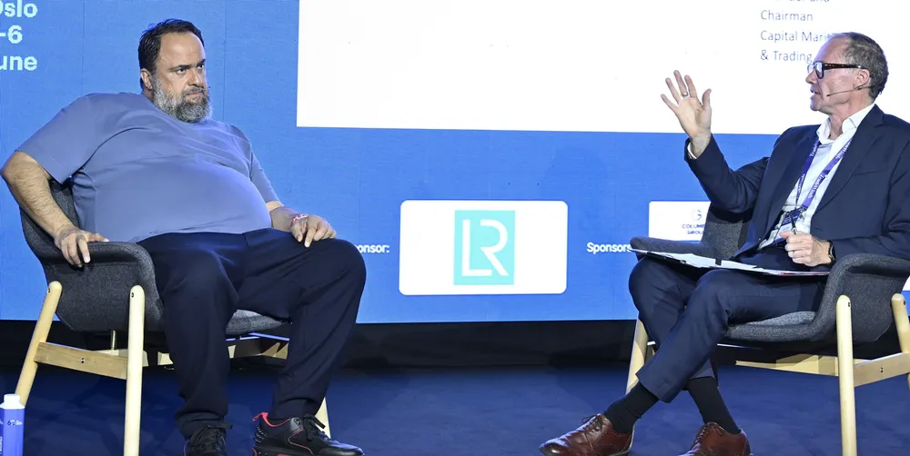Evangelos Marinakis is interviewed by editor-in-chief Julian Bray at the TradeWinds Shipowners Forum at Nor-Shipping.