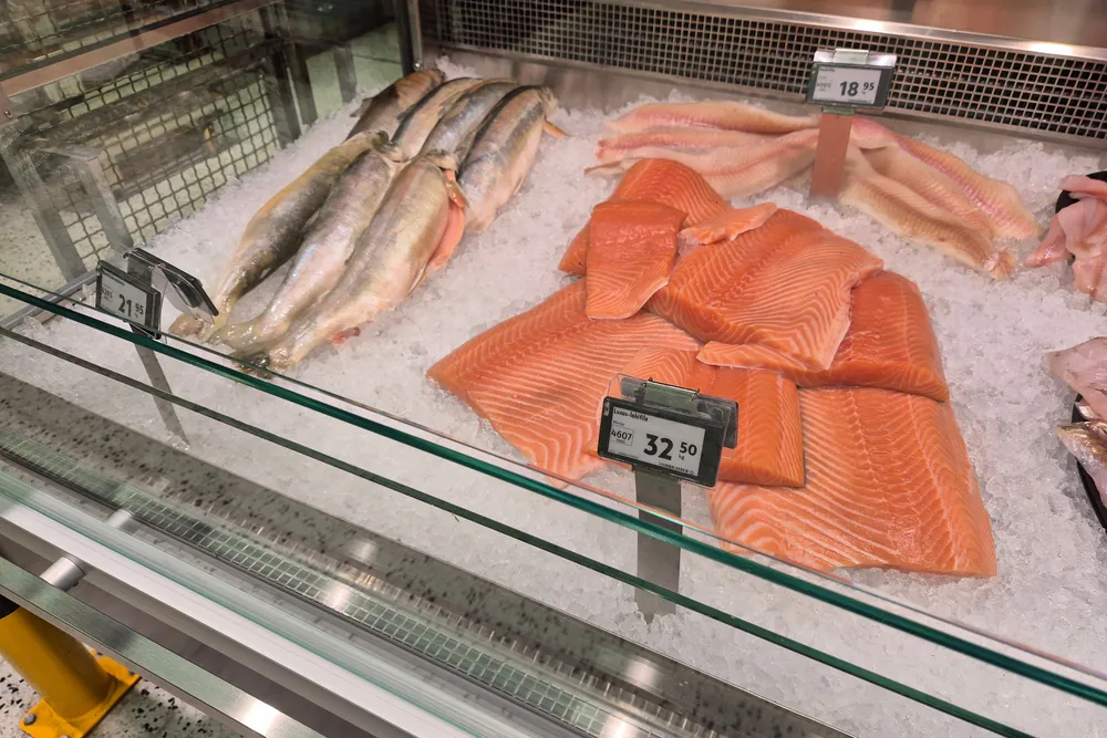 Fresh salmon in a grocery store in Helsinki, April 2025.
