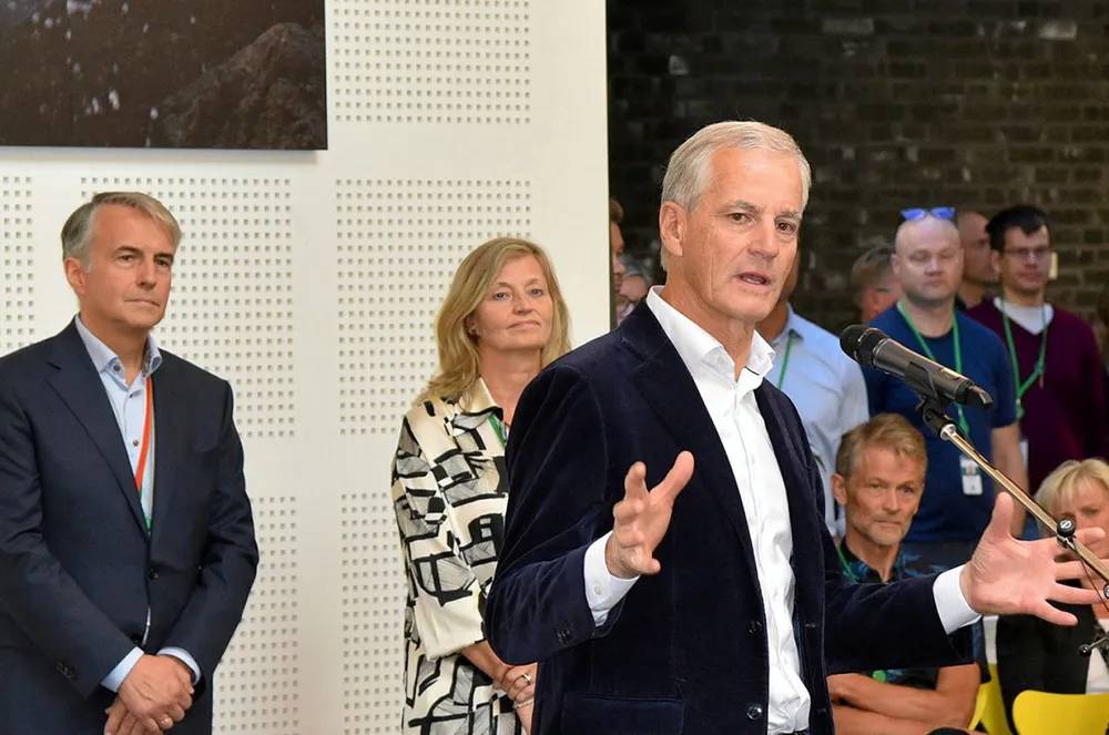 Norway's Prime Minister Jonas Gahr Store speaks to employees of the Norwegian Offshore Directorate