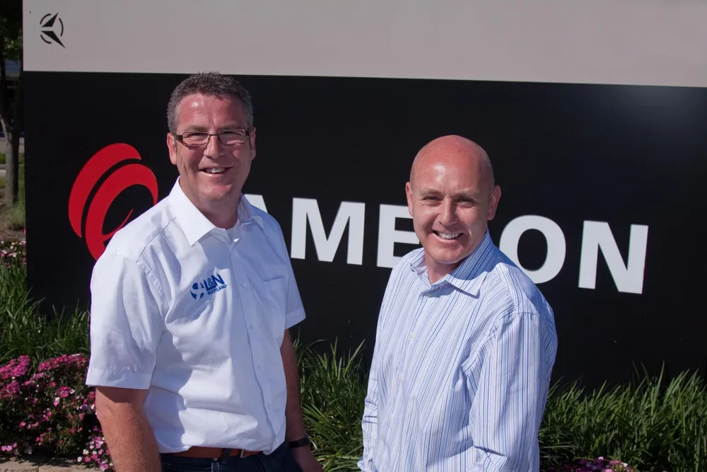 All smiles: L&N (Scotland) managing director Alastair Chalmers, left, with Steve Tate, Cameron¿s director of operations (manifolds)