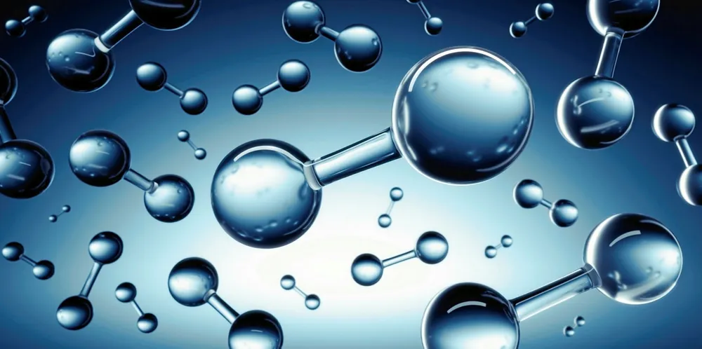 Slik ser hydrogen ut i sin reneste form. To hydrogenatom (H2), uten oksygenatomet som vann består av (H2O). Rent hydrogen finnes ikke naturlig i naturen.