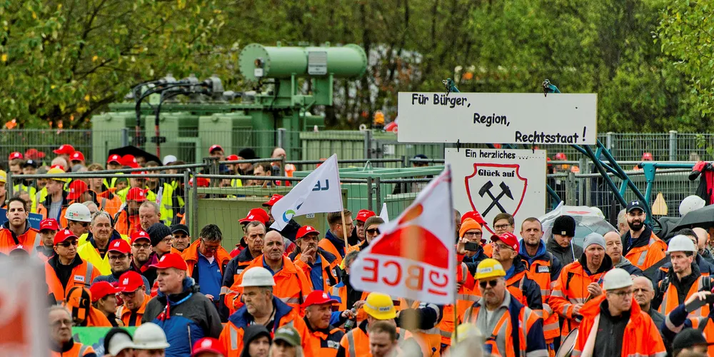 Coal miners and electricity plant workers of RWE march to demand a fair energy transition policy on October 24, 2018 near Elsdorf, Germany.