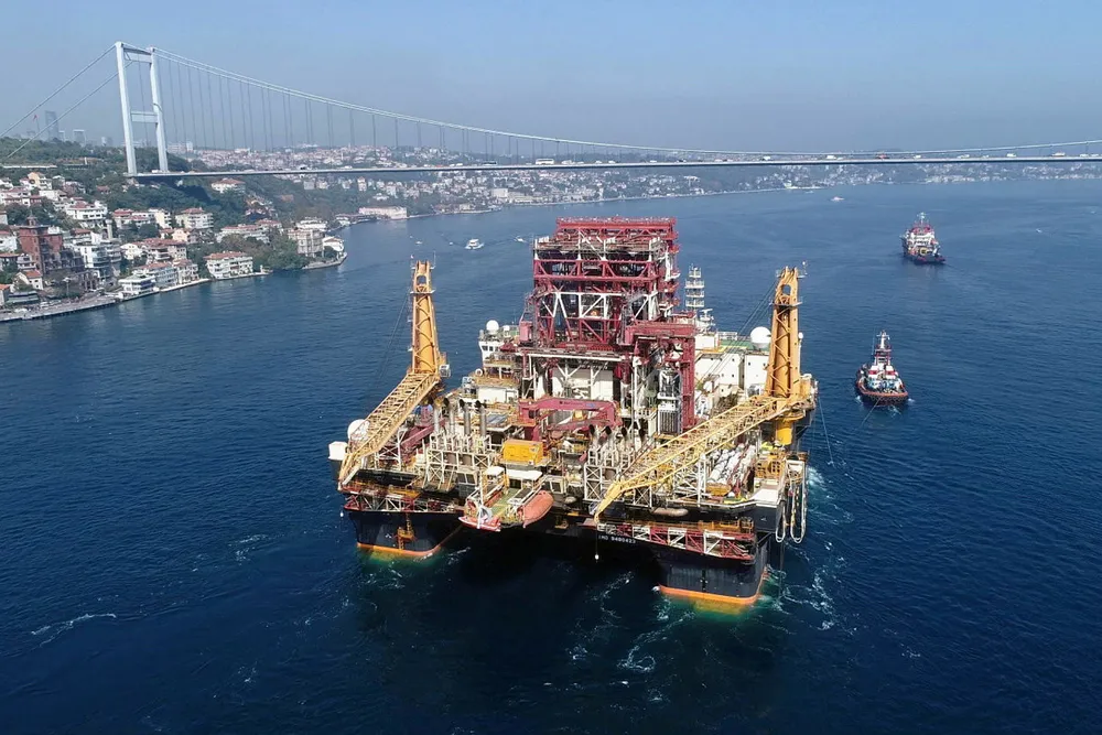 Rig query: the Scarabeo 9 semi-submersible — shown here in Turkey's Bosphorus Strait — is working for Eni in Angola