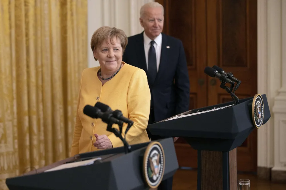 Disagreements: German Chancellor Angela Merkel and US President Joe Biden arrive for a joint news conference at the White House, Washington DC, on 15 July