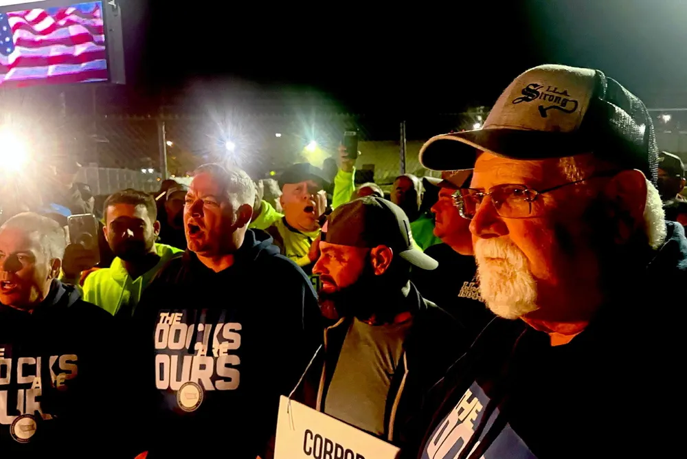ILA President Harold Daggett (right) on the picket line on the first day of the Oct. 1 port strike.