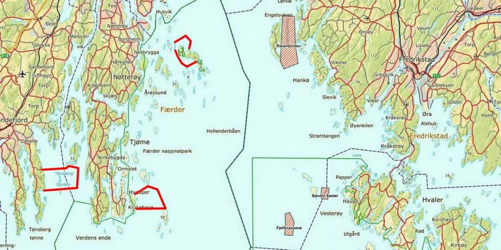 FORBUDT: I ytre oslofjorden er det flere områder hvor det ikke er tillatt å fiske med ruser, teiner og garn.Kart: Fiskeridirektoratet