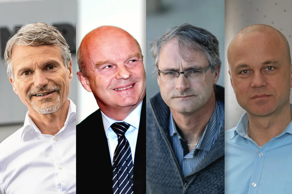 De tre sjefene i regionale selskap med høyest inntekt i 2023 – pluss ham med høyest formue. Fra venstre: Eirik Frantzen (Nordkraft) John Arne Haugerud (Kraftia Energi), Øyvind Lernes (Kvinnherad Energi) og Erik Espeset (Tafjord Kraft).
