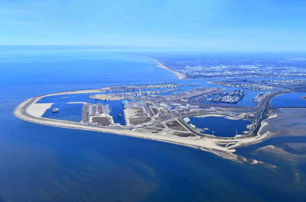 An aerial photo of Maasvlakte 2, where both Holland Hydrogen I and the new Amaliahaven substation will be built in the Port of Rotterdam