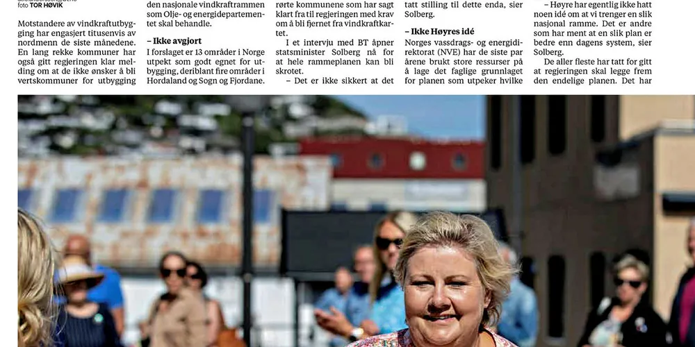 SNUOPERASJON: Lørdag 3. august gikk statsminister Erna Solberg langt i å skrinlegge hele den nasjonale rammen for vindkraft. – Høyre har egentlig ikke hatt noen idé om at vi trenger en slik ramme, sa hun, men glemte å nevne at det er hennes regjering som har tatt initiativ til den.
