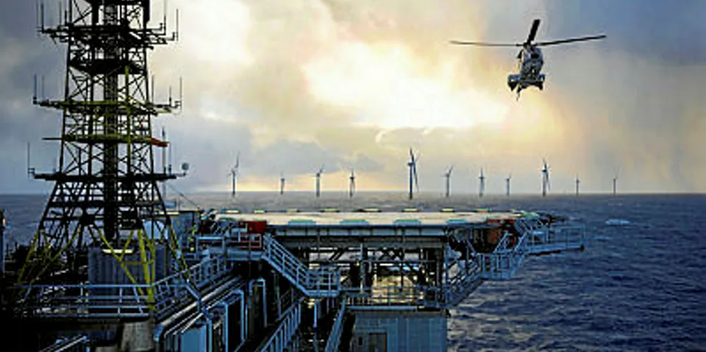 Illustration of future Hywind floating wind array powering offshore oil and gas operations