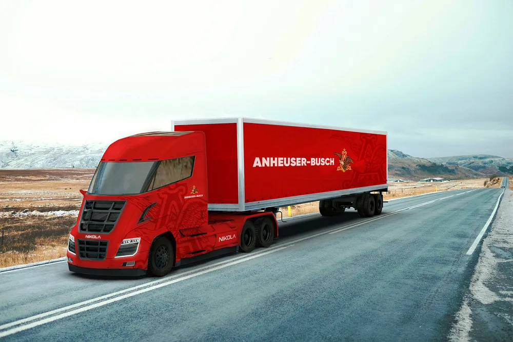 I mai bestilte det amerikanske ølkonsernet Anheuser-Busch 800 hydrogenlastebiler fra Nikola. Ordren kan gi Nel inntekter på fire milliarder kroner. Foto: Pressebilde Nikola