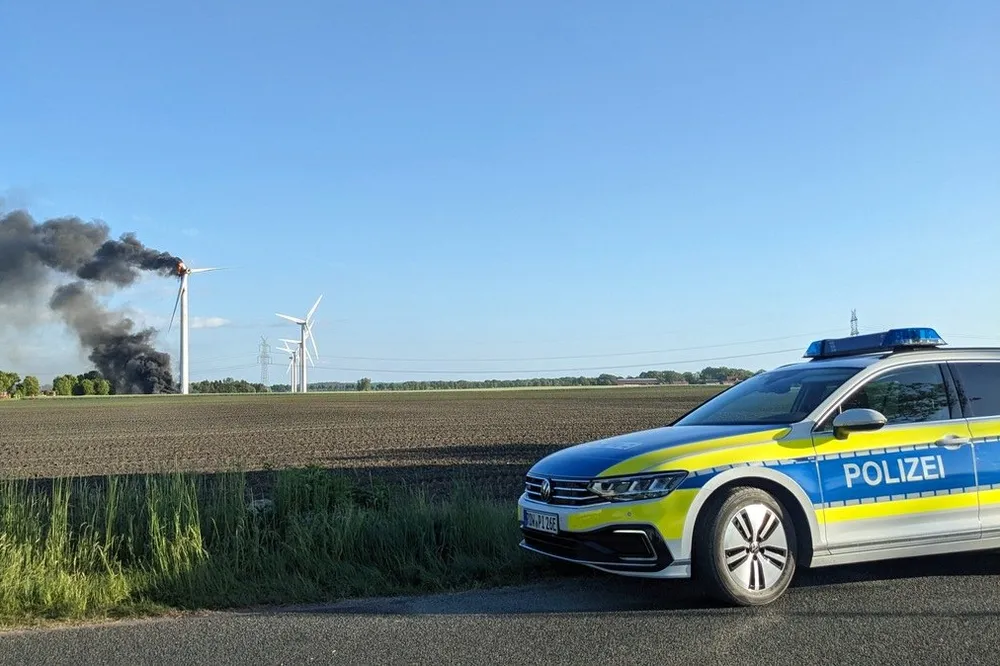 Burning wind turbine at EnBW wind farm in Bremervörde