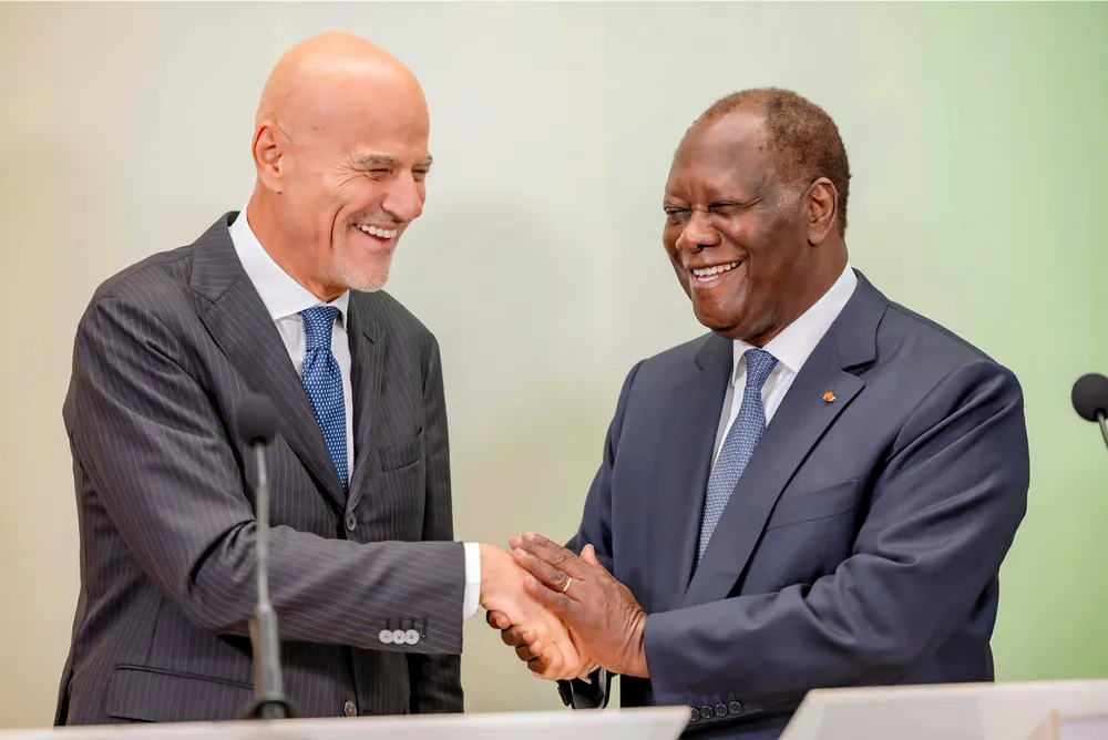 Eni chief executive Claudio Descalzi (left) met Ivory Coast President Alassane Ouattara in March 2024