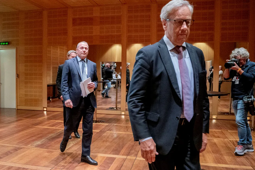 Oljefondsjef Nicolai Tangen (til venstre) og sentralbanksjef Øystein Olsen.