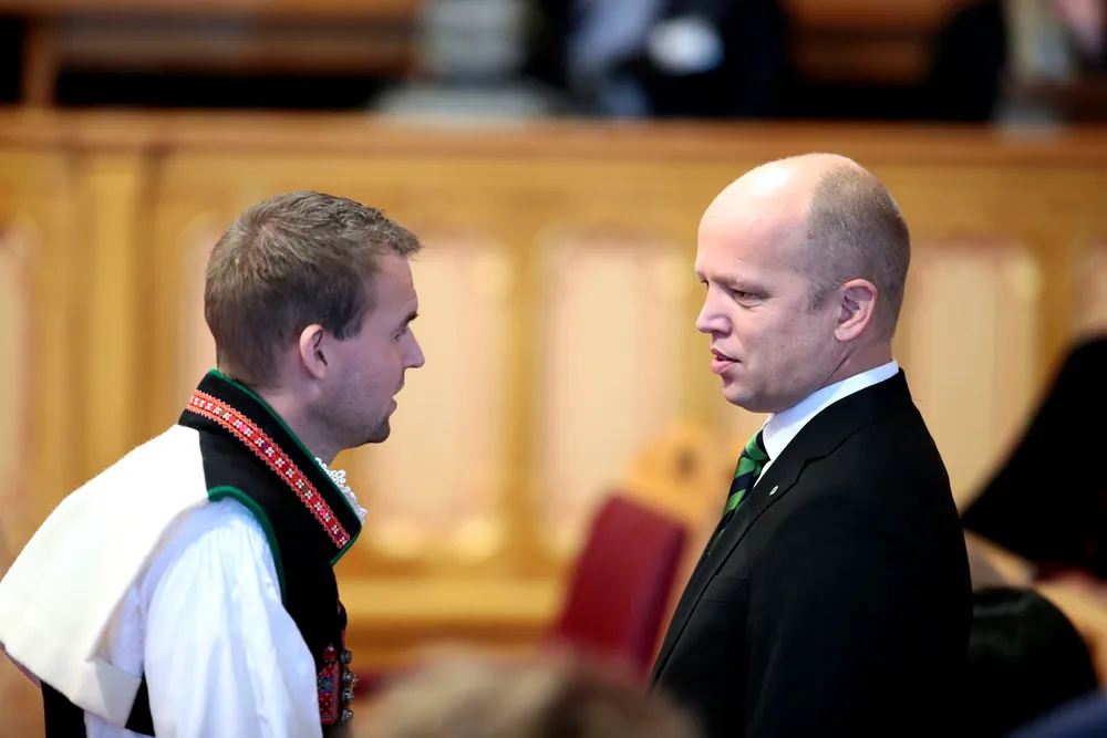 KrFs Kjell Ingolf Ropstad og Sp-leder Trygve Slagsvold Vedum under åpningen av Stortinget 2018.