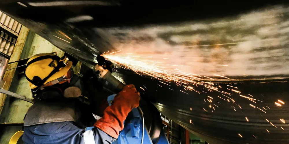 Work on an offshore wind transition piece at a plant in Northeast England