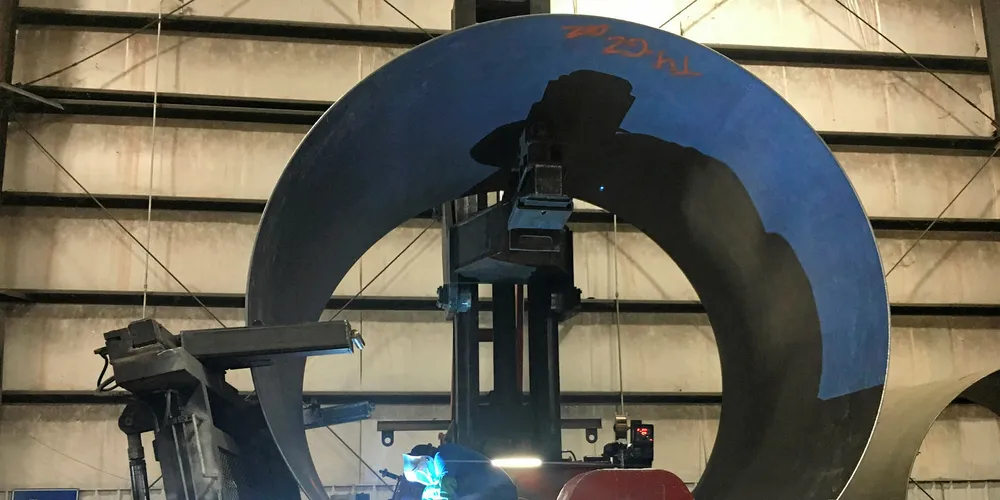 Tubular tower section being welded at Broadwind Energy’s plant in Abilene, Texas. Pic: Broadwind