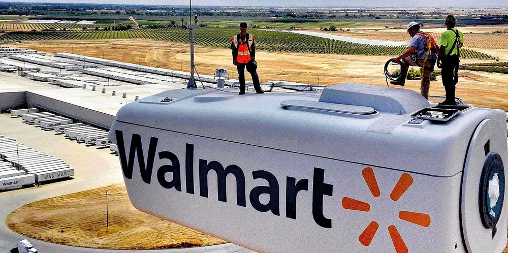 Walmart-branded wind turbine at distribution centre in Red Bluff, California |