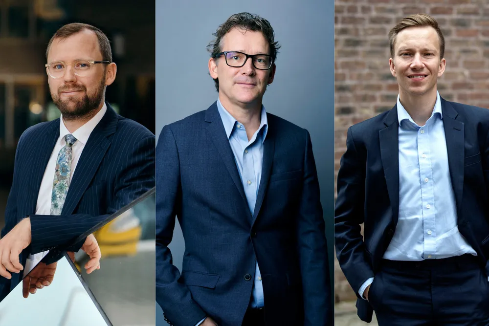Fondsforvalterne Erling Haugan Kise (fra venstre), Filip Boman og Robin Øvrebø har klare favoritter blant de store teknologiaksjene.