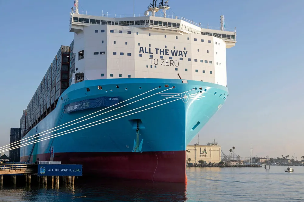 The methanol dual-fuelled Allete Maersk at the port of Los Angeles this week.