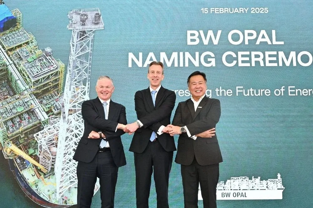 From left, Santos chief executive Kevin Gallagher, BW Offshore chief executive Marco Beenen, and Seatrium chief executive Chris Ong at the naming of the BW Opal FPSO for the Barossa project