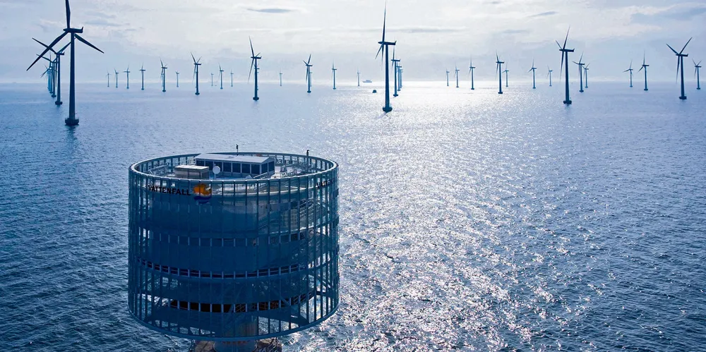 Offshore transformer station looks out over the Lillgrund wind farm off Sweden in the Baltic Sea