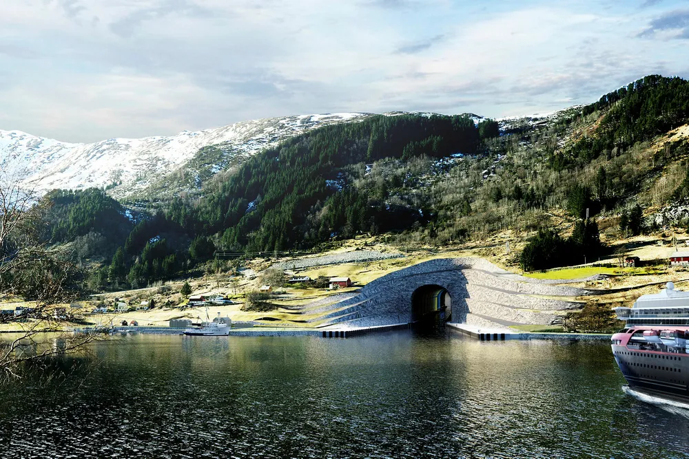 Slik ser man for seg inngangspartiet til Stad skipstunnel ved Kjødepollen. Illustrasjon: Kystverket/Snøhetta