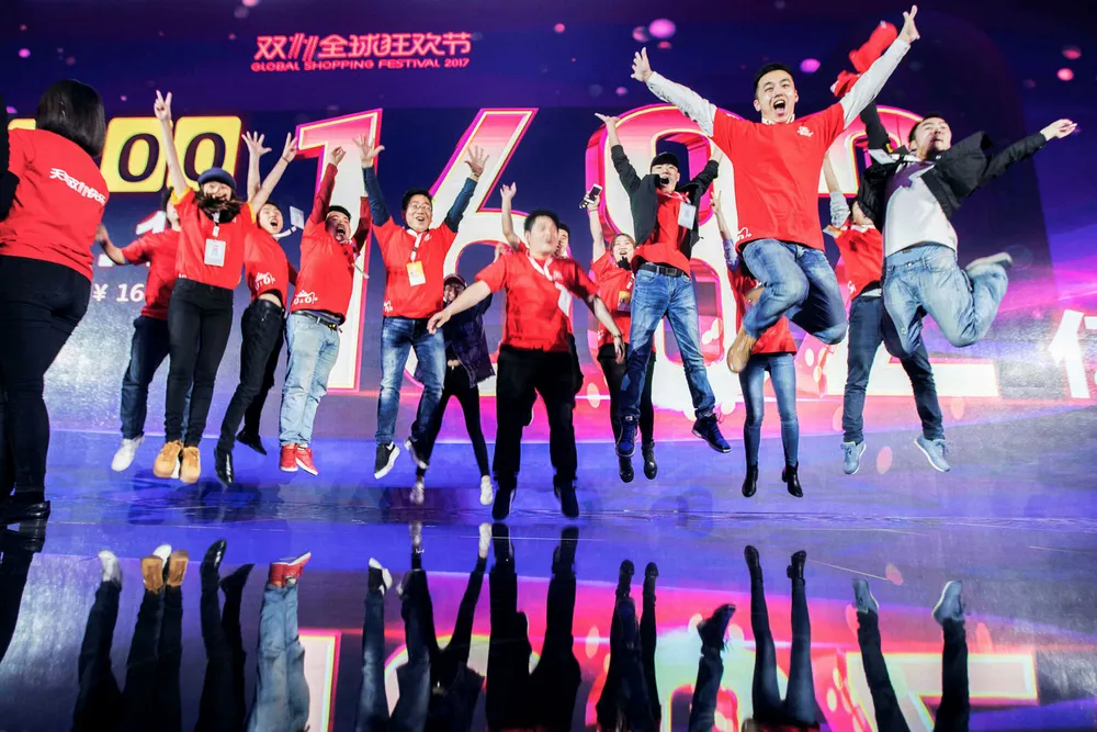 Alibaba har rekorden med verdens største børsnotering. De kinesiske teknologiselskapene har investert i nesten halvparten av landets «enhjørninger» – privateide selskaper med en verdi på over en milliard dollar. Mange gjør seg klare til børsnotering. Foto: STR/AFP/NTB Scanpix