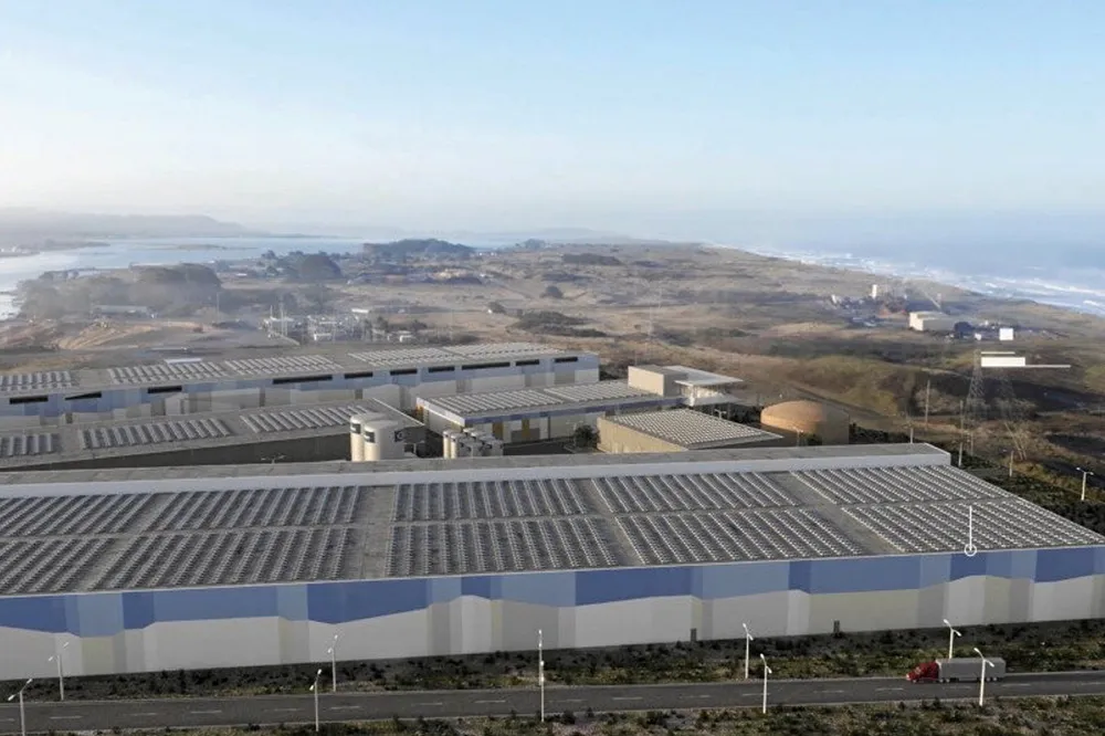 A rendering of Nordic Aquafarms' land-based farm on the Samoa Peninsula in Humboldt County, California, United States.