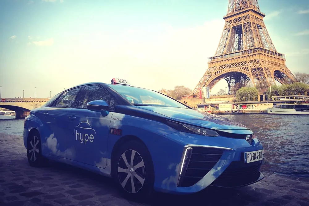 A Hype hydrogen taxi (a Toyota Mirai) in Paris.