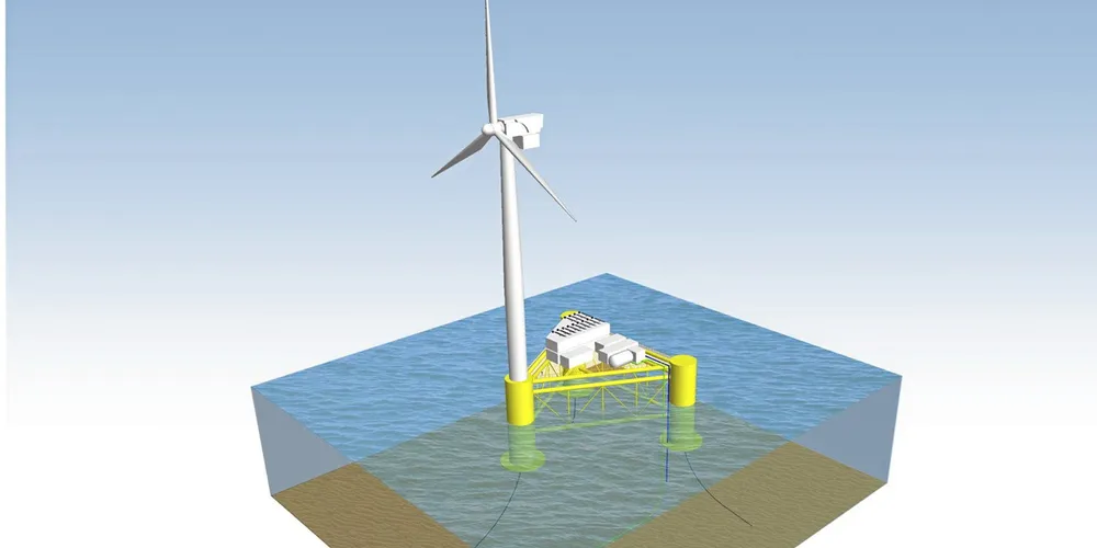 CGI of Dolphyn hydrogen technology fitted to floating wind turbine